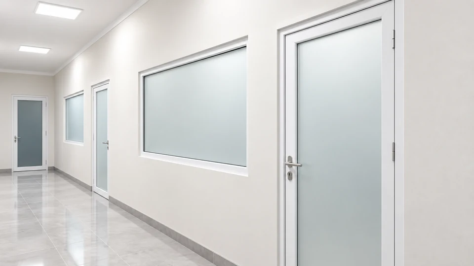 Visualisasi koridor modern dengan pintu dan jendela berprofil UPVC putih serta kaca buram