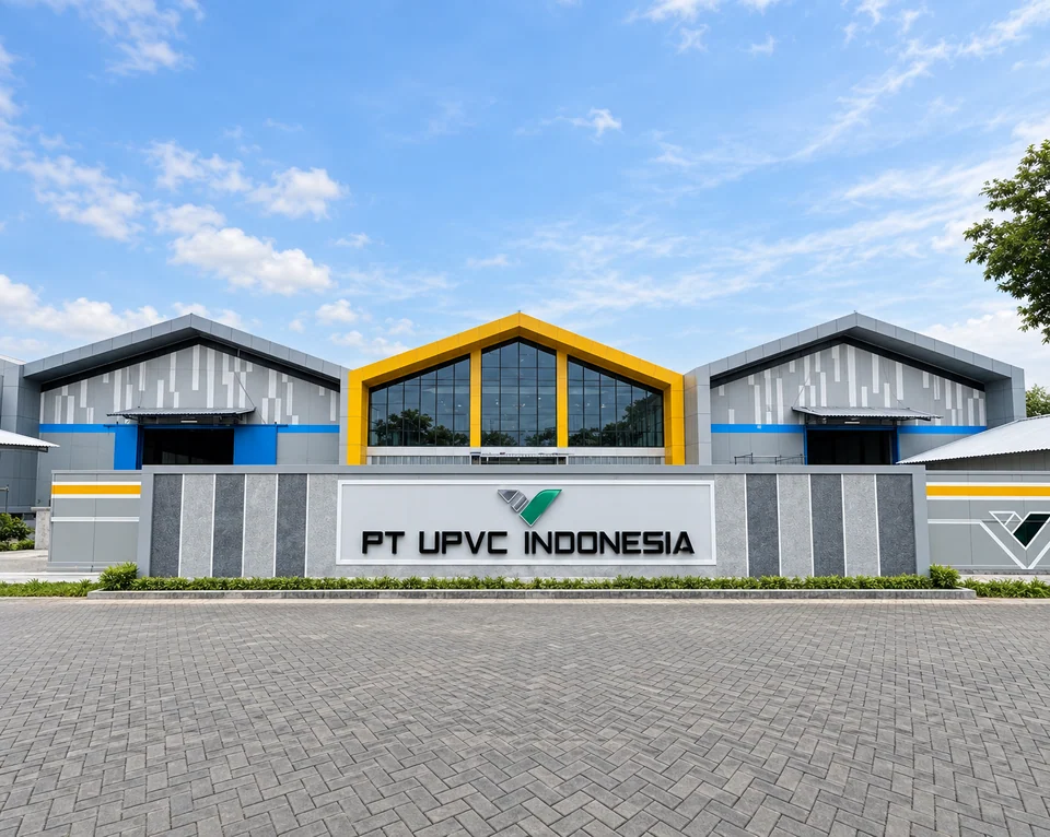 Visualisasi fasad pabrik PT UPVC Indonesia, dengan bangunan abu-abu dan pintu masuk berbingkai kuning