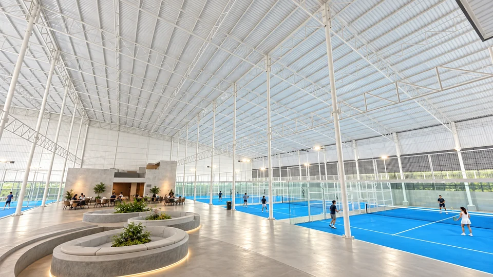 Visualisasi lapangan padel luas dengan atap UPVC putih dan area penonton
